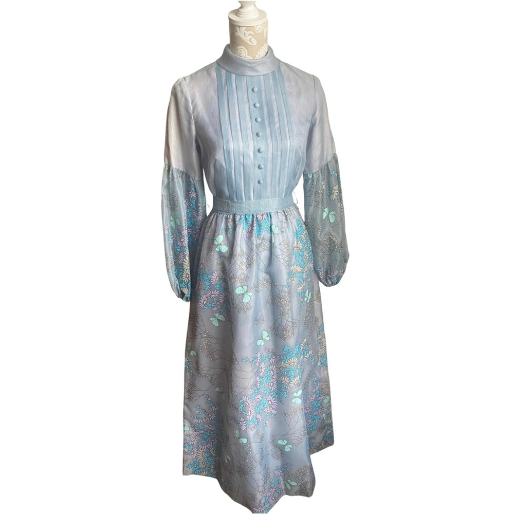 Vintage Alfred Shaheen 60s 70s Floral Butterfly Long Sleeve Dress
